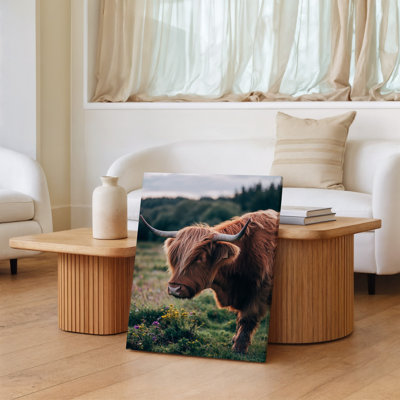 Toile, une majestueuse vache des Highlands se tient en évidence dans un luxuriant art mural vert prairie, sa longue fourrure brune rougeâtre scintillante doucement