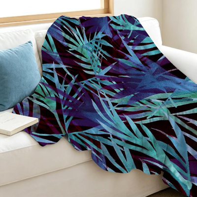 Jeté en flanelle bleue ultra douce, imprimé mauve tropical vert