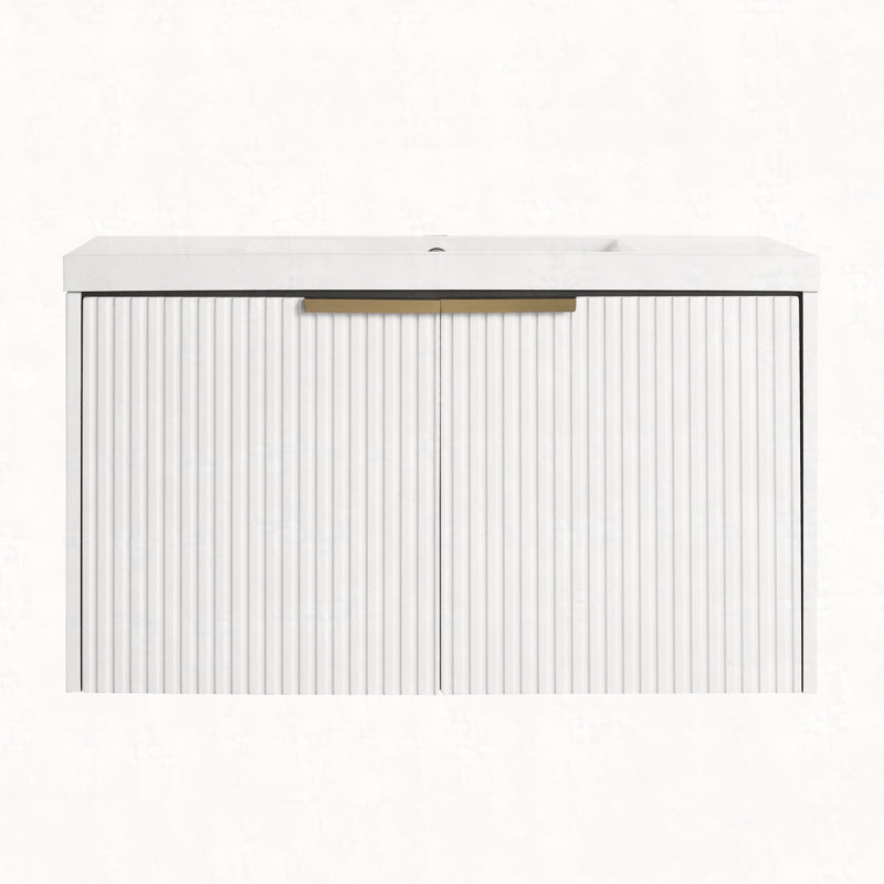 Meuble-lavabo mural 36 po avec lavabo en résine et 2 portes à fermeture en douceur (emballage KD), Blanc
