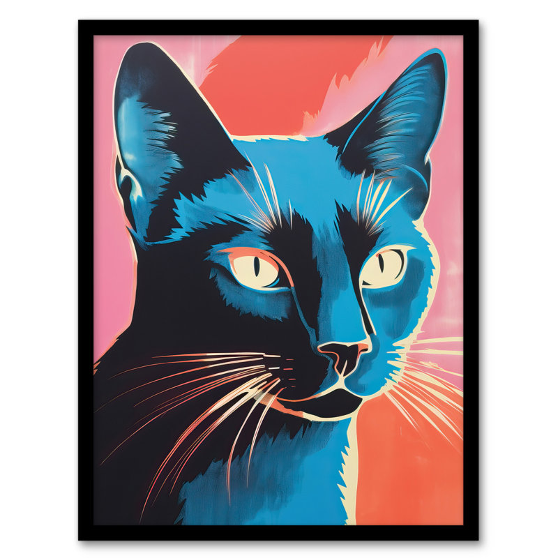 Siamese Cat Blue On Pink Red Risograph - Single Picture Frame Print