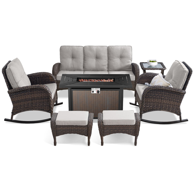 Aluel 7-Pieces Outdoor PE Wicker Patio Seating Group with Fire Pit, Ottomans and Cushions, Beige