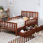 Lit simple, noyer, lit plateforme, garde-corps, tiroirs de rangement, conception de chambre simple et élégante, matériau solide léger, 8 lattes de bois, option de mobilier à utilisation d'espace