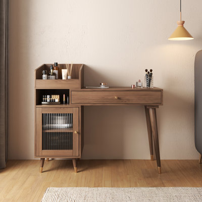  Ismar Walnut Storage Makeup Vanity Adjustable Desk,Dressing Table with Solid Wood Legs