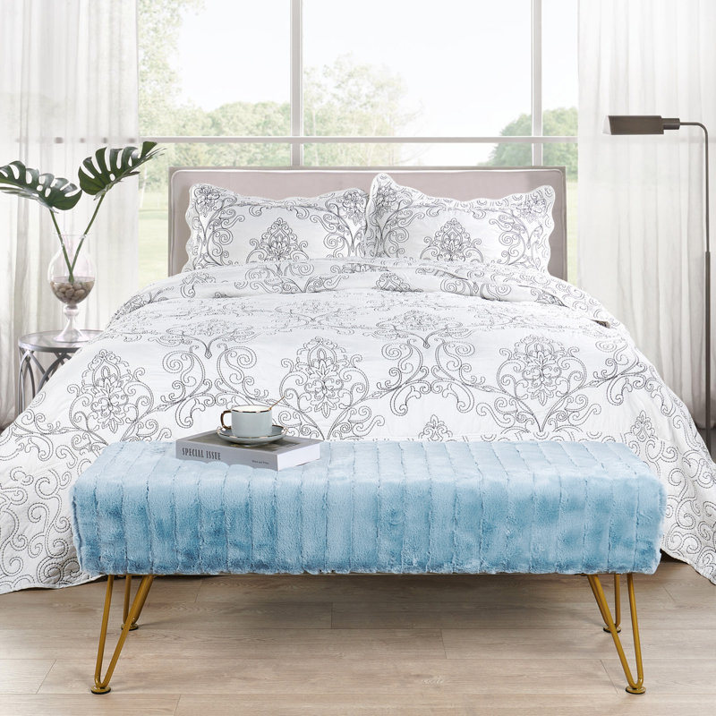 Faux Fur Upholstered Bench, Forget-Me-Not