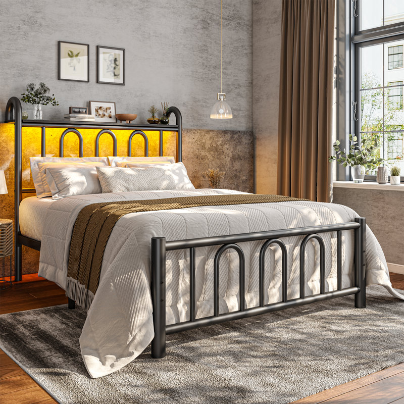 Metal Platform Bed Frame With Storage Headboard And Led Light, Twin , Black