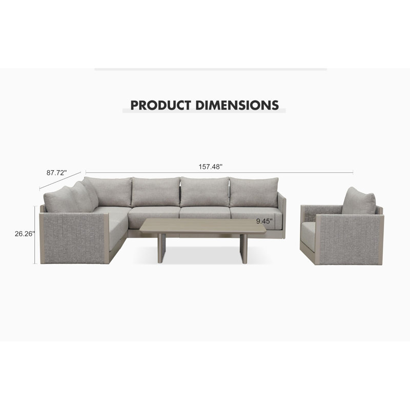 Patio Furniture Set 8 Pieces Patio Seating Sofas Aluminum Furniture L-shaped Outdoor Couch Sectional Set with Cushions and Aluminum Table Patio Conversation Sets Beige
