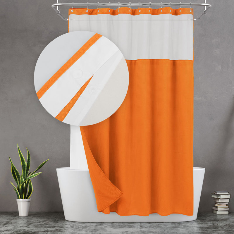 Orange Waffle Weave Shower Curtain with Liner and Hooks