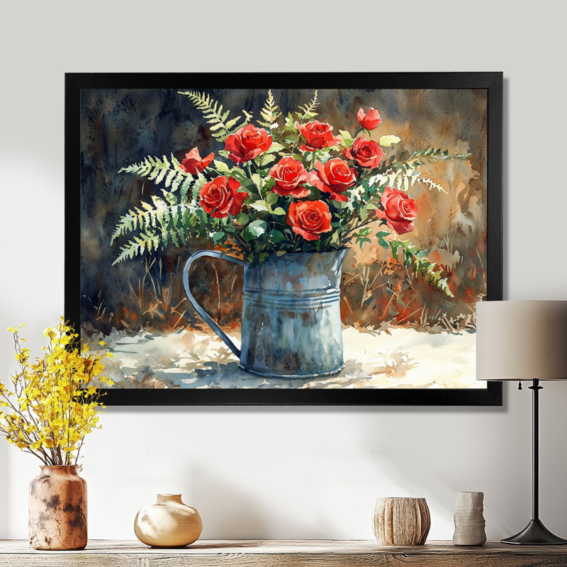 «Rose Bouquet Into Farmhouse Vase II», impressions sur toile roses, Cadre simple, Noir, H 24 po x l 32 po