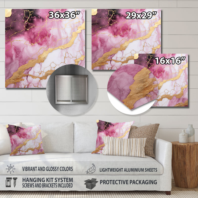 Essence de marbre rose et or III - décoration murale en marbre, H 36 po x l 36 po