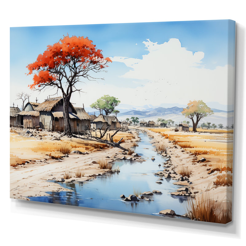 «Blue Orange African Village Visions», reproduction sur toile, 34" H x 44" W, Toile tendue