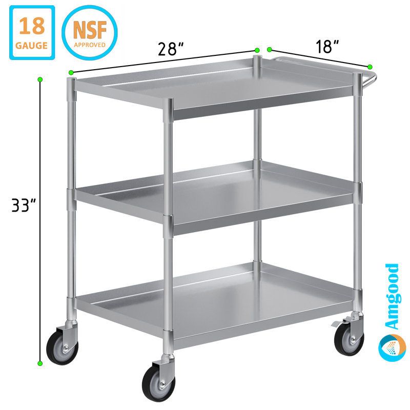 Chariot tubulaire en acier inoxydable à 3 tablettes. 18 po x 28 po x 33 po