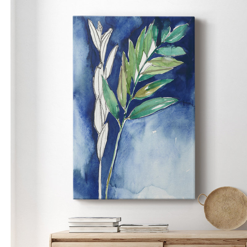 Pétiole sur indigo I - reproduction d'art sur toile tendue, H 60 po x l 40 po x P 1 po
