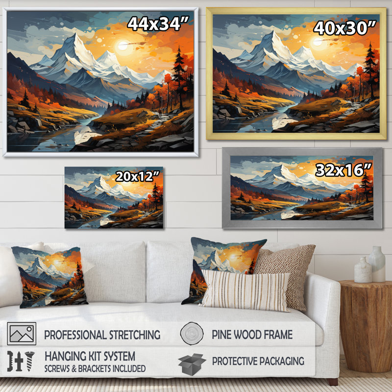 «Orange Teal Mountains Majestic Peaks Collage IV», reproduction sur toile, H 16 po x l 32 po x P 1 po, Cadre flottant doré