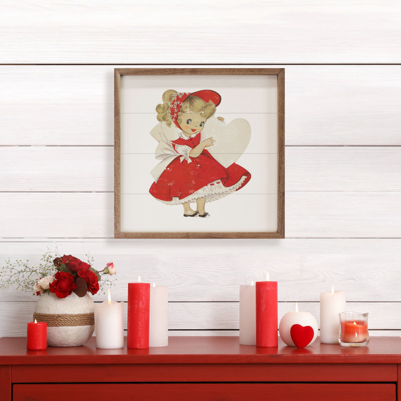 Fille de Saint-Valentin rétro avec cœur blanc, H 12 po x l 12 po