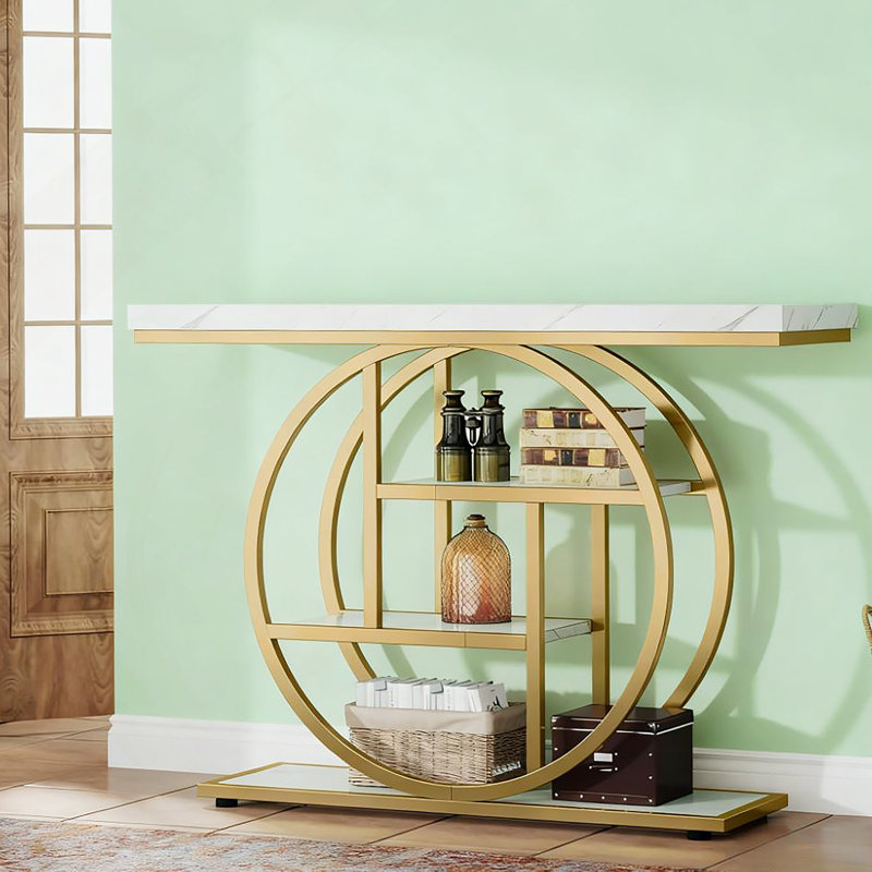 Console étroite de 41,3 pouces avec base circulaire, élégants détails blancs et dorés pour un décor industriel moderne