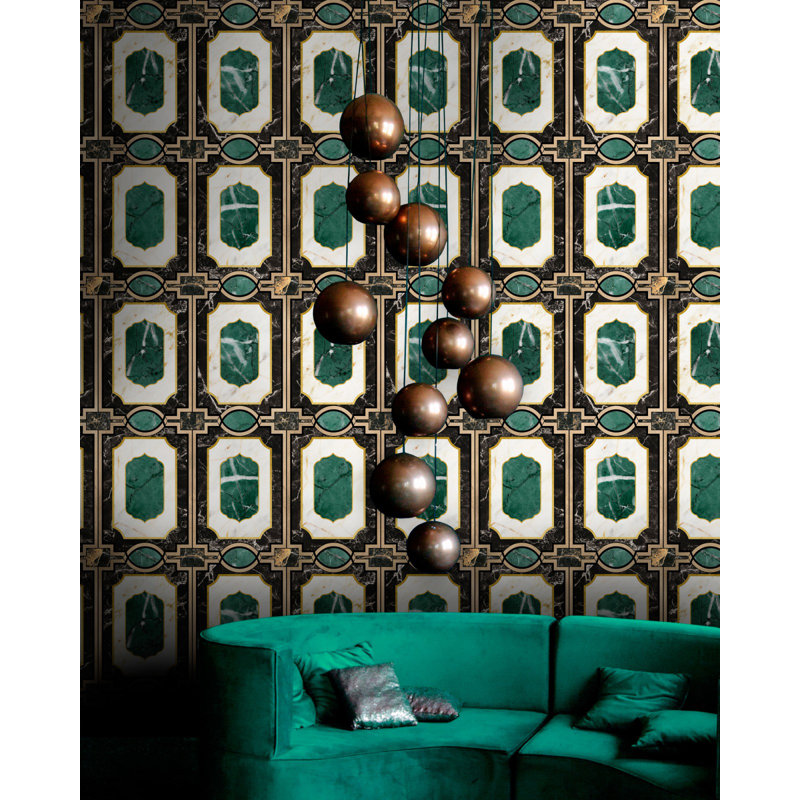 Manhattan Geometric Wallpaper Roll, Green/Black/White/Gold