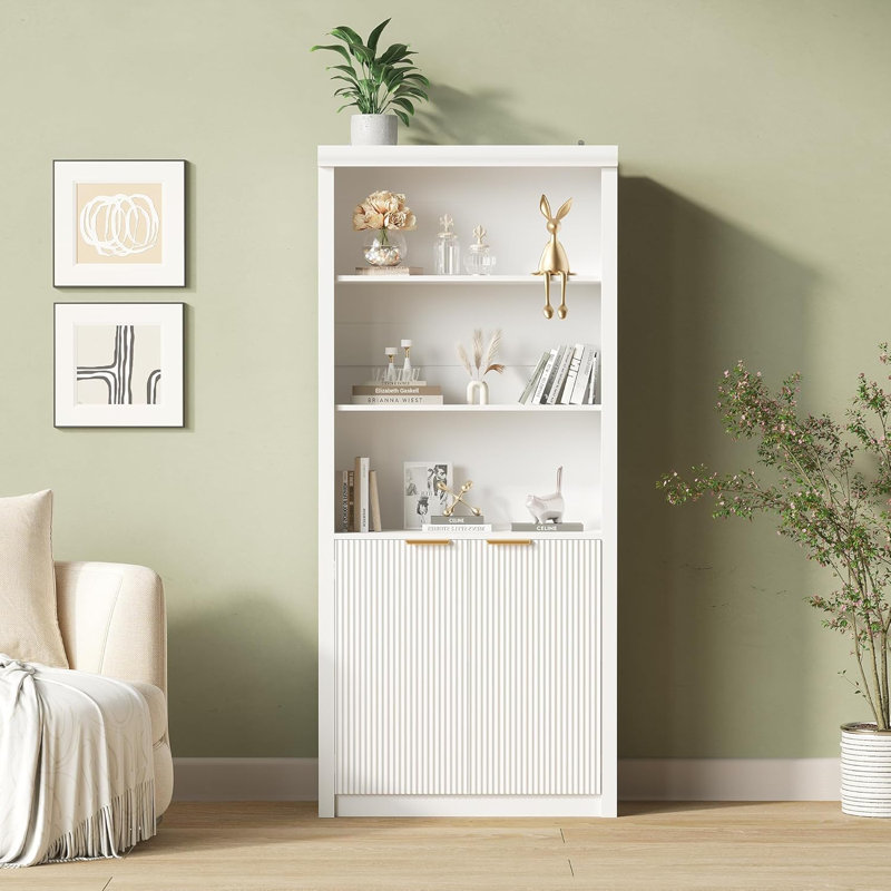 71" Tall Bookshelf with Fluted Doors, 5 Tier Bookcase Display Shelves with Storage Cabinet & Adjustable Shelf, Mid-Century Modern Bookshelves, White