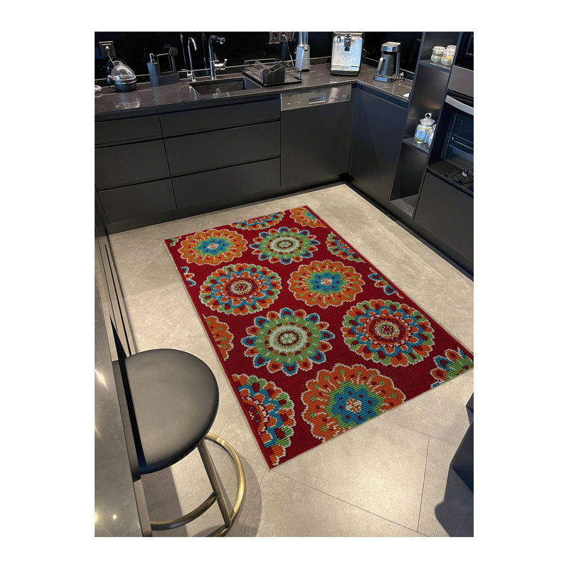 Tapis décoratif rétro à motif rouge à motif rouge, Tapis de couloir 2 pi 6 po x 6 pi 7 po inclus