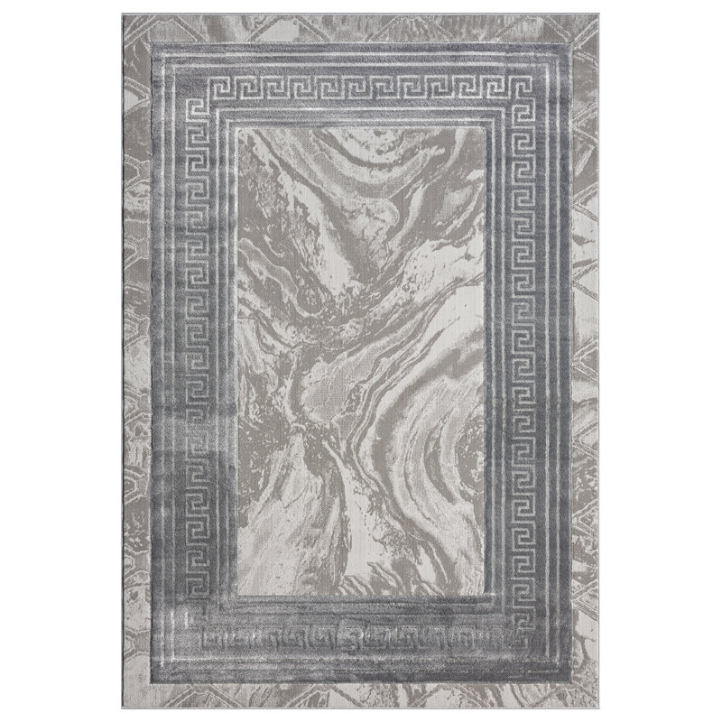 Tapis à bordure abstraite crème / gris Ksamil Collection, Rectangle 5 pi 3 po x 7 pi 3 po
