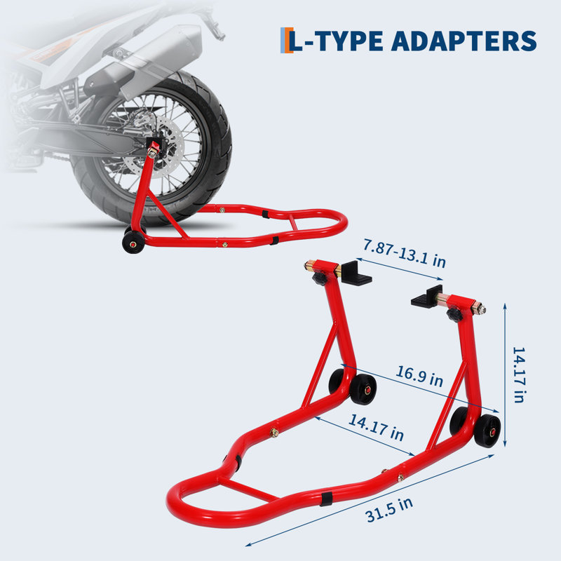 Ensemble de béquilles d'atelier robustes et polyvalentes pour motos – Supports avant et arrière réglables de 408 kg (900 lb) pour réparations, entretien et remisage. Construction robuste en acier, rouge.