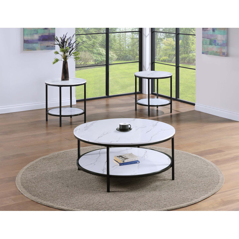 Ensemble de cocktail moderne 3 pièces, 1 table basse ronde et 2 tables de bout, finition noire, meubles de salon en bois