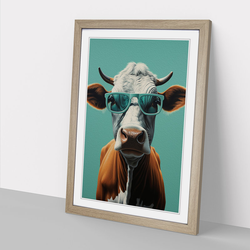 Cow with Glasses Painting - Framed Print, Oak, 34cm H x 25cm W x 2cm D