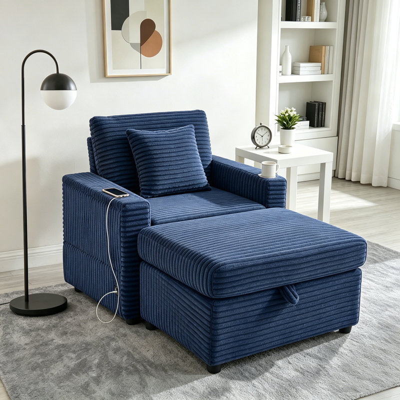 Chaise longue simple en velours côtelé avec rangement et repose-pieds USB, bleu, Bleu