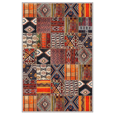 Stylish Hall Carpet (3.3 x 4.9 ft), 100% Polyester, 0.3 in Pile Height | Antibacterial, Non-Slip PVC Dot Underside | Woven Design with 3D Digital Printing | Machine Washable, Perfect for Home Décor & Comfort