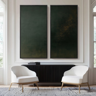 Large Framed Canvas Wall Art Set - Dark Green Deep Emerald Abstract Prints - 60"x20"x2pcs