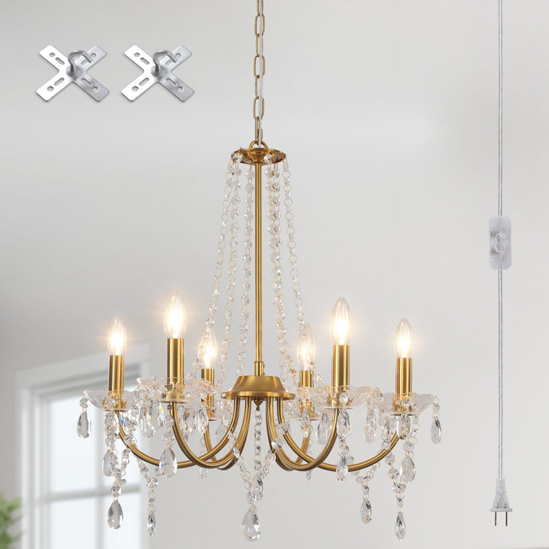 6-Light 20 inch Modern Plug In Crystal Pendant Light Candle Style Chandelier with On/Off Switch for Dining Room