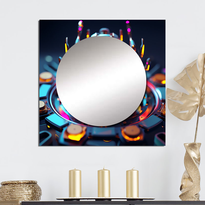 Sci-Fi rétro robot futuriste en néon II - robot grand miroir carré pour décoration murale, 23 po x 23 po