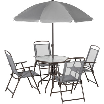 Ensemble de salle à manger d'extérieur gris 4 pièces - Parasol, table et chaises. Parasol pliable en verre trempé respirant pour jardin. Chaises de patio de 24,7 kg (54,32 lb) offertes en 4 couleurs. Dimensions : 65 cm (25,64 po) de profondeur x 93 cm (36,5 po) de hauteur.