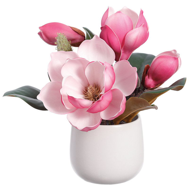9" Faux Magnolia Arrangement in White Glass Vase