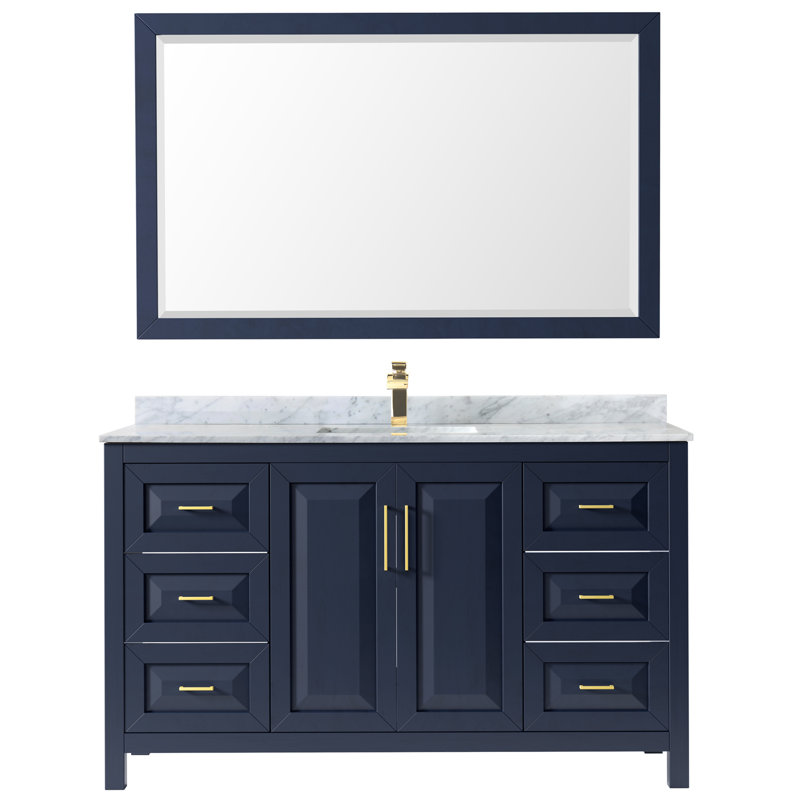 Daria 60'' W Single Vanity, Dark Blue, Brushed Gold, White Carrara Marble
