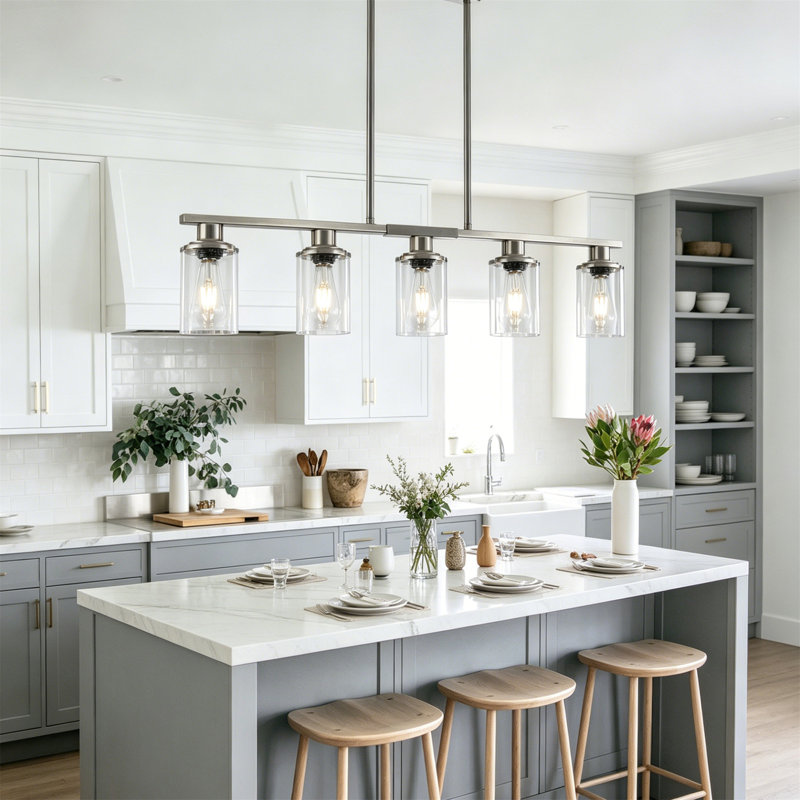Luminaire suspendu 5 lumières pour îlot de cuisine avec abat-jour en verre transparent, hauteur réglable, Chrome chrome