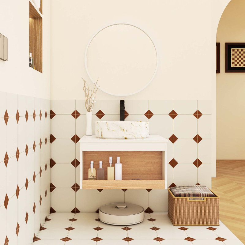 Meuble-lavabo flottant 24 po avec lavabo vasque en marbre veiné doré, meuble-lavabo mural avec tablette ouverte, finition blanche avec décor en bois, conception moderne peu encombrante (livré dans 2 boîtes)