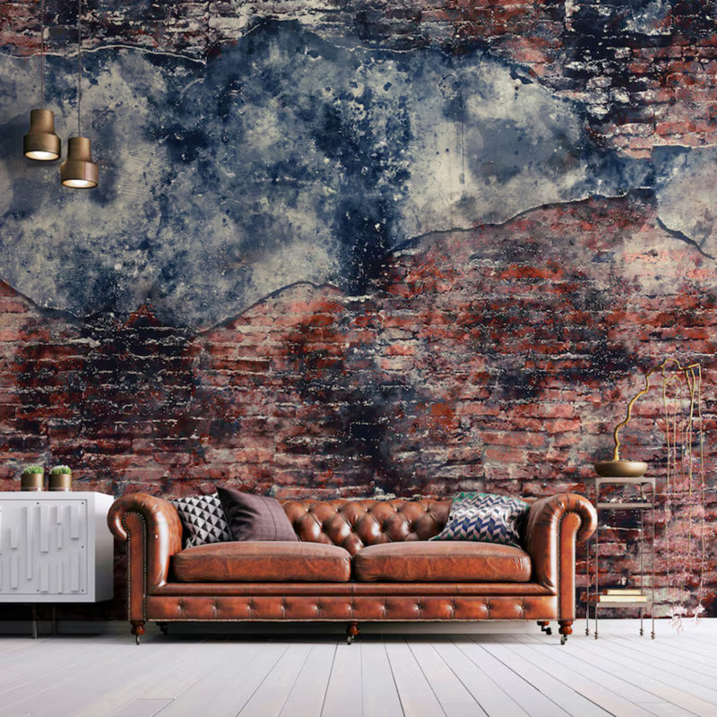 Distressed Red Brick and Concrete Wall Mural, 108" L x 192" W