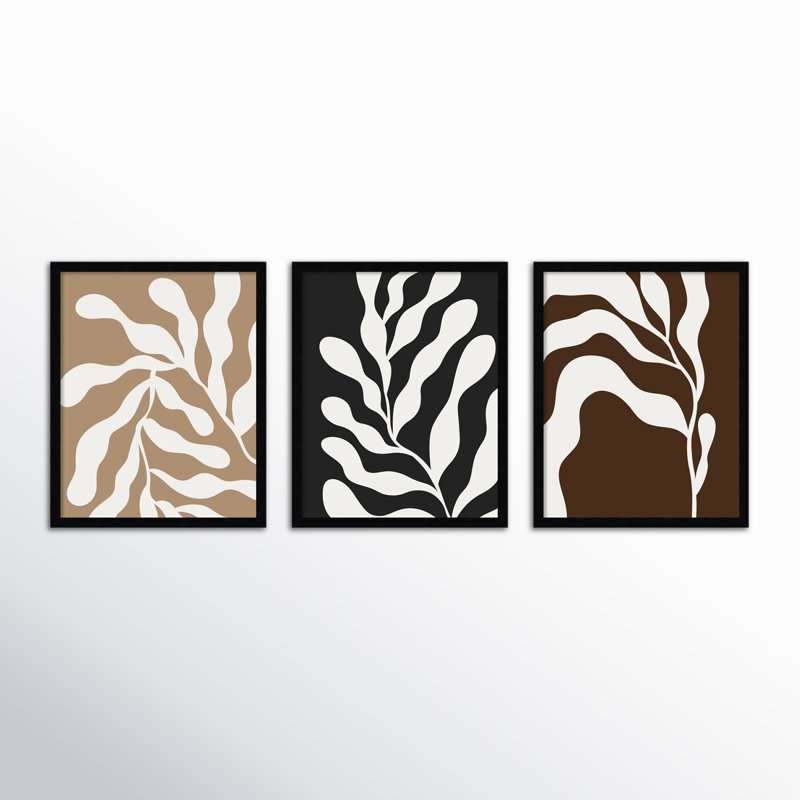 Retro Matisse Inspired Abstract Botanical - 3 Pieces by Erminia, 56" W x 21" H, Black