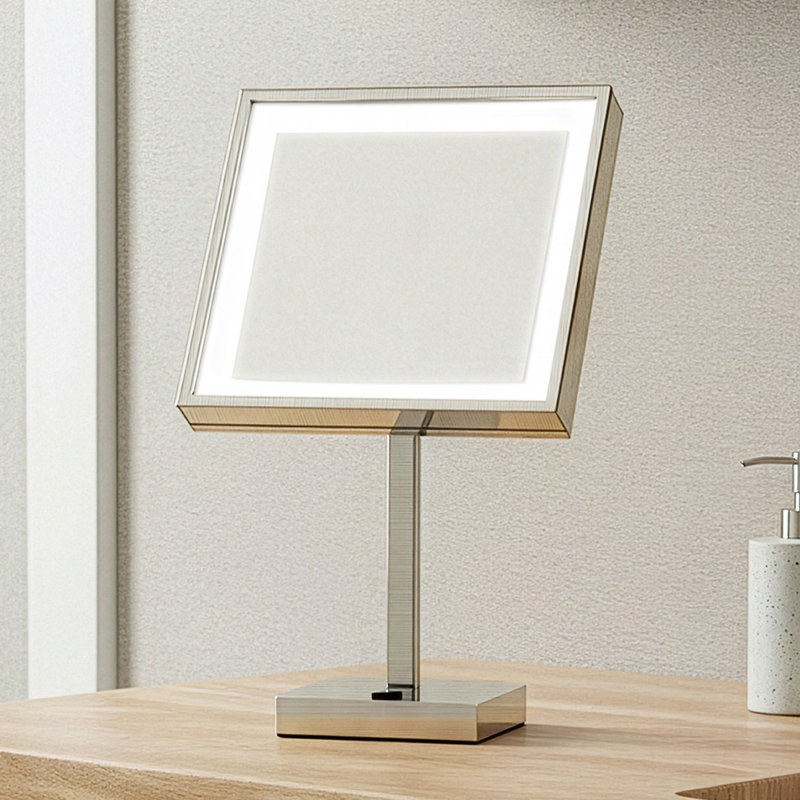Anodized aluminum body square freestanding LED 5X magnified vanity mirror, Brushed Nickel