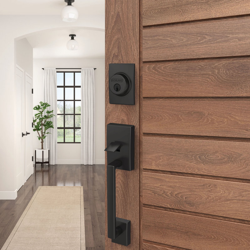 Century Handleset with Single Cylinder Deadbolt and Latitude Door Lever and Rosette, Bright Chrome