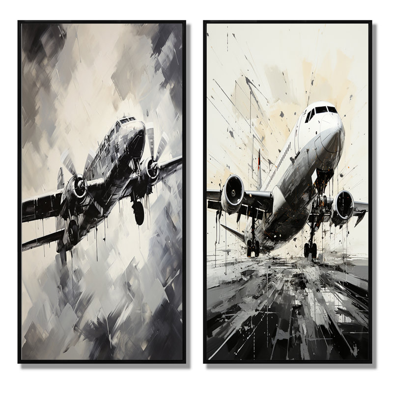 «Avion monochromatique en vol» - 2 pièces, Cadre noir, H 20 po x l 24 po