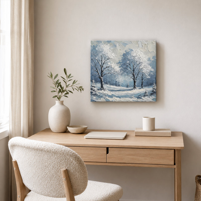 «Winter's Embrace»: Reproduction d'art sur toile, arbres jumeaux texturés dans la neige, H 30 po x l 30 po x P 1,5 po