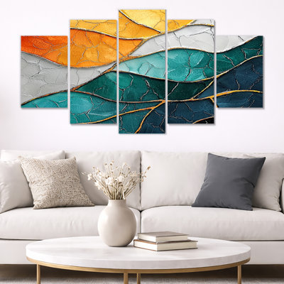 Emerald And Orange Dance Of Biomorphism I - Biomorphism Wall Décor 5 Panel