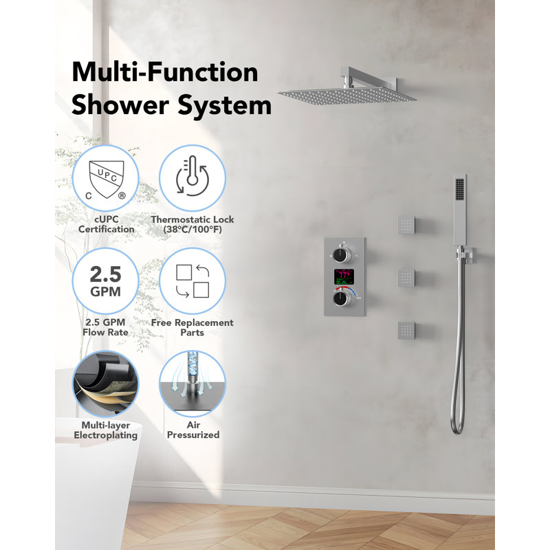 Robinet de douche à pluie à pression ACL 12 po avec valve brute, Nickel brossé
