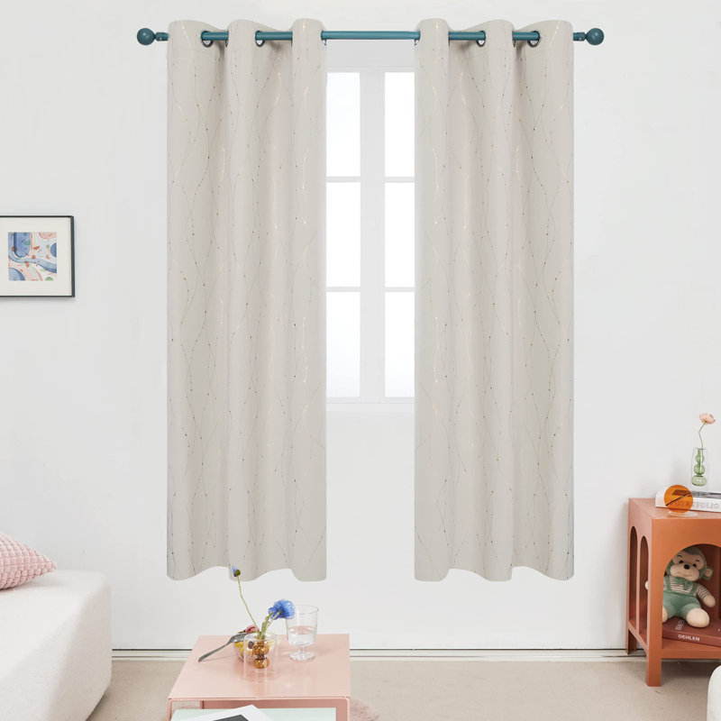 Gold Wave Line and Dots Printed Blackout Grommet Curtains (Set of 2), Purple Grape, 42" W x 45" L