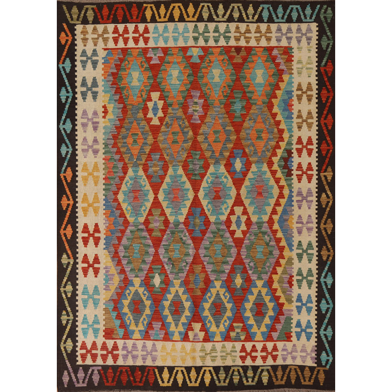 Tapis kilim coloré en laine réversible 6 x 8