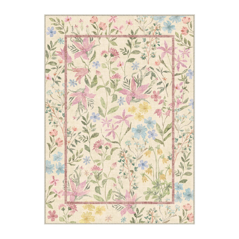 Tapis lavable floral ivoire 5 pi x 7 pi rose et vert