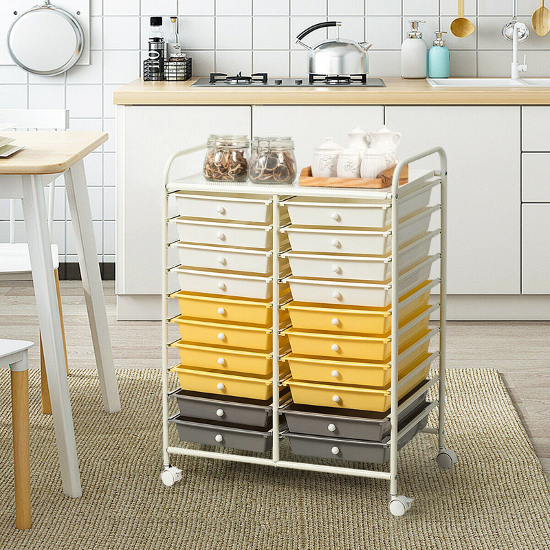 Commode à 20 tiroirs Perao, Blanc / jaune / gris