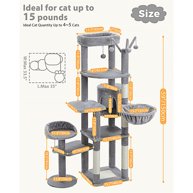 Arbre à chat 59 po Cactus, grand arbre à chat pour chats d'intérieur, tour à chat pour grands chats, tour à chat multi-niveaux, condo pour chat avec grand hamac, poteau à griffes et 2 perchoirs
