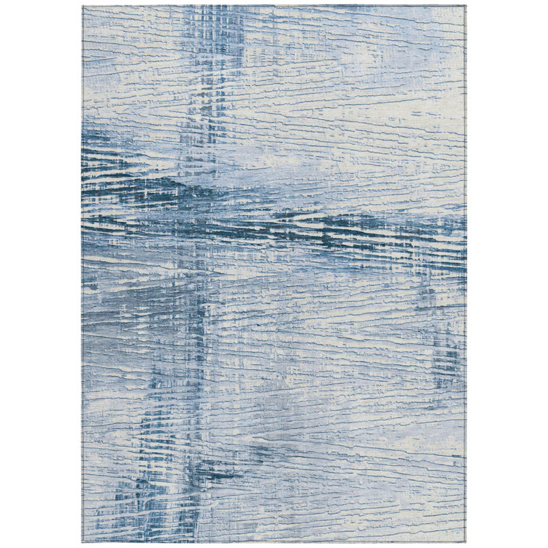 Tapis intérieur lavable rayé bleu ciel et ivoire 5 pi x 8 pi
